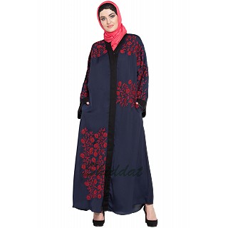 Front open embroidered Dubai abaya- Navy Blue